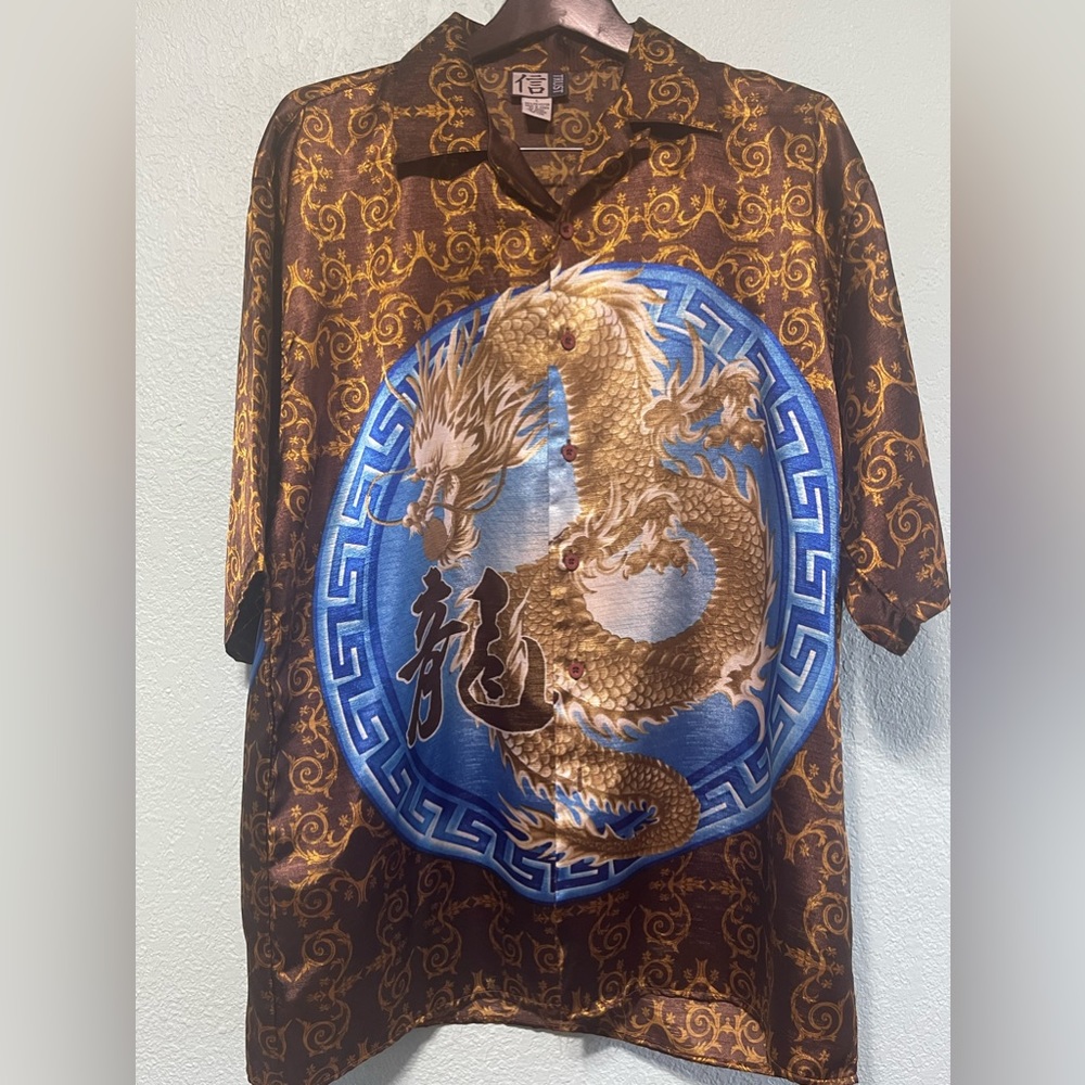 Trust Brand Shirt Short Sleeve Brown Dragon design Mens Large Korea